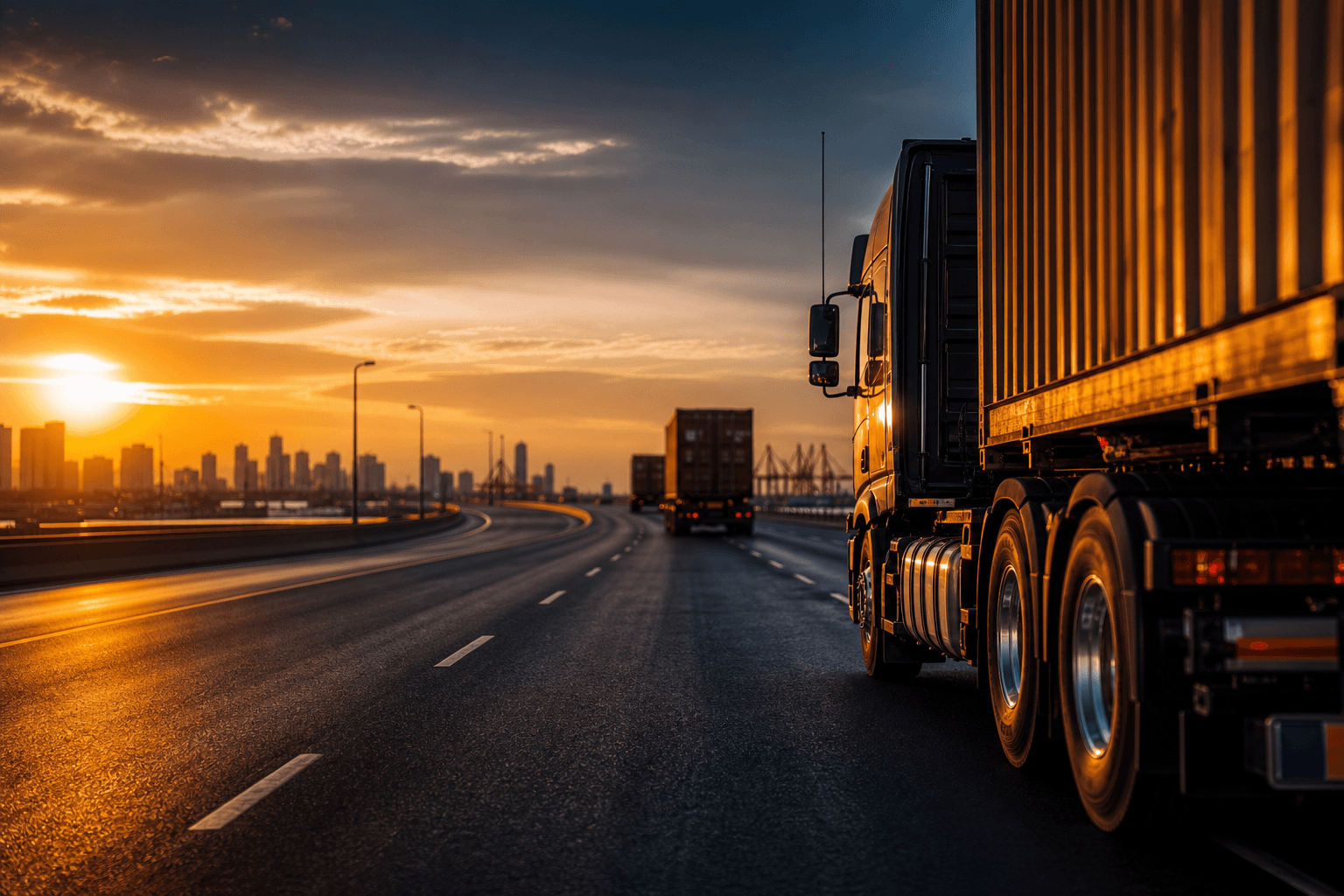 Premium freight trucks on highway at golden hour